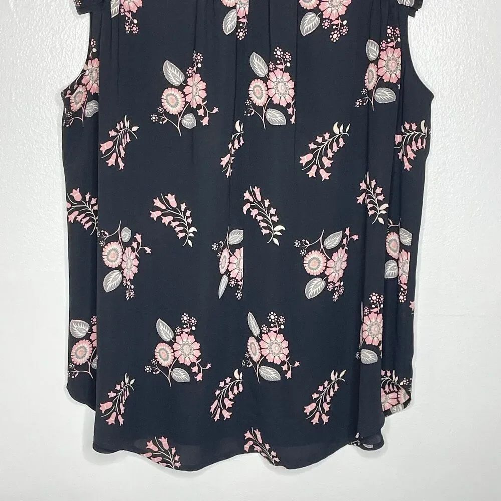 Loft LOFT Black Pink Floral Ruffle Edge Split Neck Sleeveless Blouse Women’s XL - Picture 4 of 9